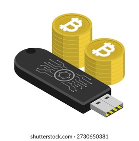 Carteira criptográfica isométrica para armazenar criptomoedas na forma de uma unidade flash USB protegida por senha. Vetor de desenho animado isolado definido em fundo branco vista superior. SEM GEN AI