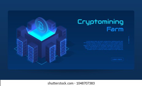 Isometric cryptomining farm concept banner. Modern Concept of Digital Crypto Mining Technology. Vector Illustration with Blockchain Farm composition.