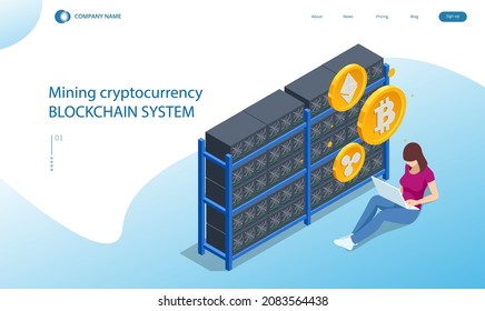 Isometric Cryptomining farm concept. Cryptocurrency Mining Equipment. Mining cryptocurrency Coin Using GPU Card