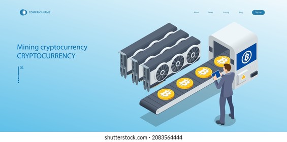 Isometric Cryptomining farm concept. Cryptocurrency Mining Equipment. Mining cryptocurrency Coin Using GPU Card