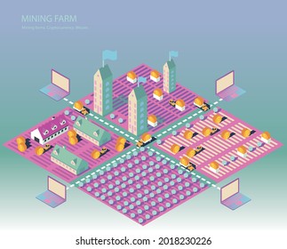 Isometric cryptomining farm concept. Digital Crypto Mining Technology. Vector Illustration with Blockchain Farm composition. Trucks and Tracktors digging and moving bitcoins from farms to laptops