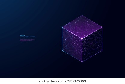 Cubo isométrico. Resumen de bloque independiente digital sobre fondo azul oscuro. Forma geométrica. Concepto de innovación tecnológica en el futurista estilo wireframe ciberpunk con puntos brillantes conectados.