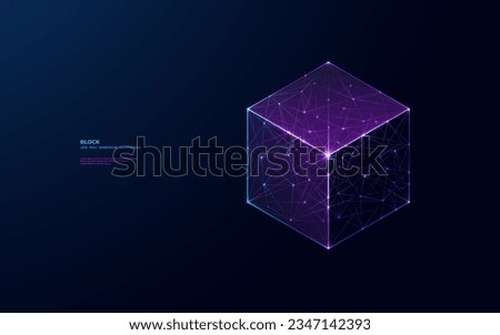 Isometric cube. Abstract digital separate block on dark blue background. Geometric shape. Technology innovation concept in futuristic low poly wireframe cyberpunk style with connected glowing dots.