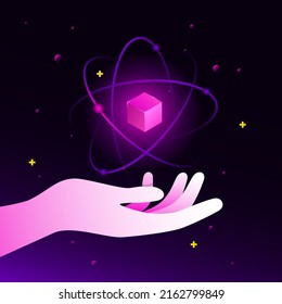 Cubo isométrico en Atom en mano. Ilustración de degradado de IA. Ilustración del vector
