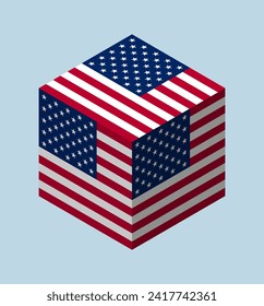 Isometric cube or box with flag of USA. Clipart for American election. 