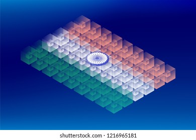 Isometric cube box transparency, India national flag shape, Blockchain cryptocurrency concept design illustration isolated on blue gradients background, Editable stroke