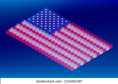 Isometric cube box transparency, United States national flag shape, Blockchain cryptocurrency concept design illustration isolated on blue gradients background, Editable stroke