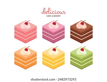 Isometric cube cake pieces pastry sweet food dessert cartoon vector illustration isolated on transparent background