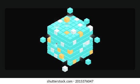 Isometric Cube Composition. Digital and Financial Technology. Virtual Money and Cryptocurrency. Vector illustration