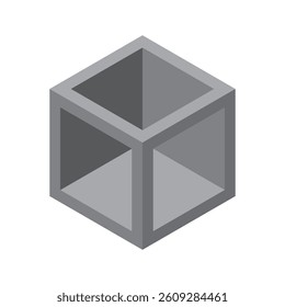 Isometric cube figure. Three dimensional shape. Dark gray volume. Vector block form.