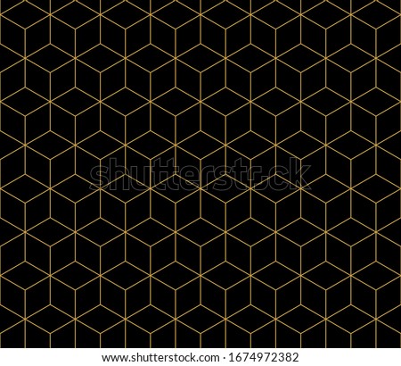 Isometric cube gold line seamless pattern on black background.