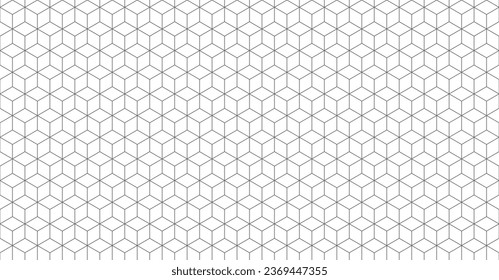 Isometric cube grid seamless pattern. Line isometric grid with editable strokes. Cubic hexagon texture. Rhombus mesh background. Geometric squared pattern. Vector illustration on white background.