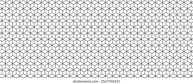 Isometric cube grid seamless pattern with editable line strokes. Cubic hexagon texture forming a rhombus mesh geometric squared design on a white background.