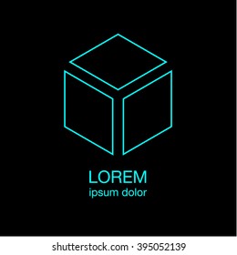 Concepto de logotipo mínimo de cubo isométrico, Plantilla de diseño de logotipo azul sobre fondo negro