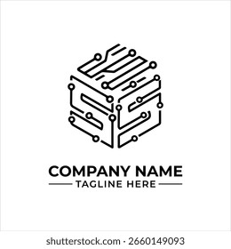 Diseño de logotipos de circuitos tecnológicos de contorno de cubo isométrico, una fusión de Tecnología y estética moderna para marcas innovadoras