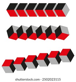 Isometric cube patterns. Red, black, and gray 3D geometric design. Abstract vector illustration.