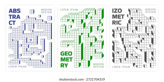 Isometric cube poster. Geometric line pattern. 3D square design. Abstract construction concept. Tetris shapes. Simple puzzle blocks. Modern brochure templates set. Vector minimal graphic garish cover