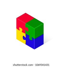 Isometric cube puzzle color pieces isolated on white. Teamwork, cooperation and solution concept. Flat design. Vector illustration.