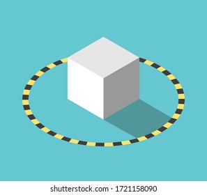 Isometric cube in quarantine or isolation boundary, black and yellow hazard circle. Social distancing, covid-19 pandemic concept. Flat design. EPS 8 vector illustration, no transparency, no gradients