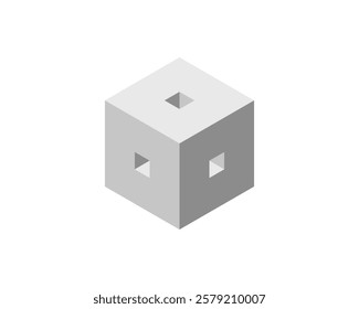 Isometric cube with square cutouts, minimalist design, perfect for technology, architecture, or abstract concepts.