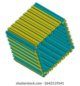 Isometric cube structure. Striped geometric form. Vector dimensional shape. Linear pattern design.