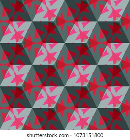 Isometric cube with a surface covered with geometric ornaments. Completely seamless, colorful cube pattern background. Optical illusion. Ornament with three-dimensional effect.