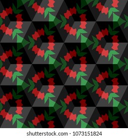 Isometric cube with a surface covered with geometric ornaments. Completely seamless, colorful cube pattern background. Optical illusion. Ornament with three-dimensional effect.