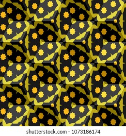 Isometric cube with a surface covered with geometric ornaments. Completely seamless, colorful cube pattern background. Optical illusion. Ornament with three-dimensional effect.