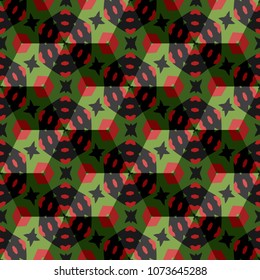 Isometric cube with a surface covered with geometric ornaments. Completely seamless, colorful cube pattern background. Optical illusion. Ornament with three-dimensional effect.