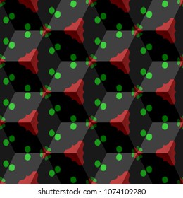 Isometric cube with a surface covered with geometric ornaments. Completely seamless, colorful cube pattern background. Optical illusion. Ornament with three-dimensional effect.