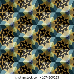 Isometric cube with a surface covered with geometric ornaments. Completely seamless, colorful cube pattern background. Optical illusion. Ornament with three-dimensional effect.