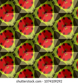 Isometric cube with a surface covered with geometric ornaments. Completely seamless, colorful cube pattern background. Optical illusion. Ornament with three-dimensional effect.