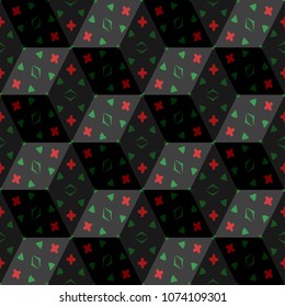 Isometric cube with a surface covered with geometric ornaments. Completely seamless, colorful cube pattern background. Optical illusion. Ornament with three-dimensional effect.