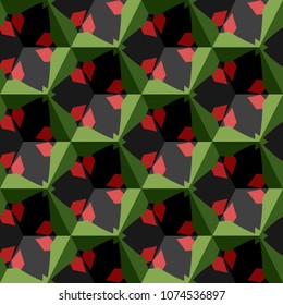 Isometric cube with a surface covered with geometric ornaments. Completely seamless, colorful cube pattern background. Optical illusion. Ornament with three-dimensional effect.