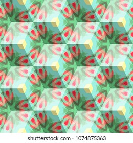 Isometric cube with a surface covered with geometric ornaments. Completely seamless, colorful cube pattern background. Optical illusion. Ornament with three-dimensional effect.