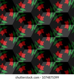 Isometric cube with a surface covered with geometric ornaments. Completely seamless, colorful cube pattern background. Optical illusion. Ornament with three-dimensional effect.