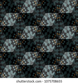 Isometric cube with a surface covered with geometric ornaments. Completely seamless, colorful cube pattern background. Optical illusion. Ornament with three-dimensional effect.