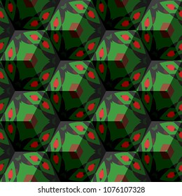 Isometric cube with a surface covered with geometric ornaments. Completely seamless, colorful cube pattern background. Optical illusion. Ornament with three-dimensional effect.