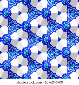 Isometric cube with a surface covered with geometric ornaments. Completely seamless, colorful cube pattern background. Optical illusion. Ornament with three-dimensional effect.