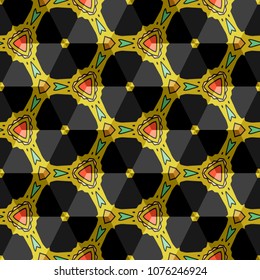 Isometric cube with a surface covered with geometric ornaments. Completely seamless, colorful cube pattern background. Optical illusion. Ornament with three-dimensional effect.