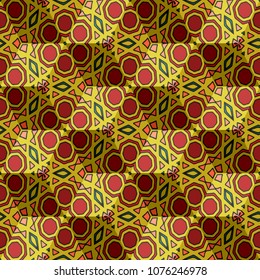 Isometric cube with a surface covered with geometric ornaments. Completely seamless, colorful cube pattern background. Optical illusion. Ornament with three-dimensional effect.