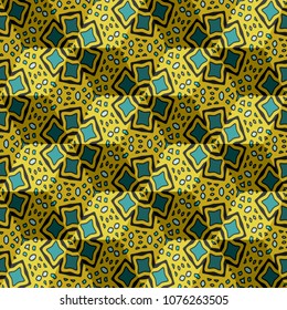 Isometric cube with a surface covered with geometric ornaments. Completely seamless, colorful cube pattern background. Optical illusion. Ornament with three-dimensional effect.