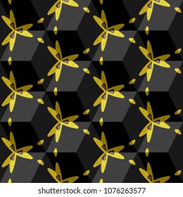 Isometric cube with a surface covered with geometric ornaments. Completely seamless, colorful cube pattern background. Optical illusion. Ornament with three-dimensional effect.