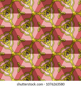 Isometric cube with a surface covered with geometric ornaments. Completely seamless, colorful cube pattern background. Optical illusion. Ornament with three-dimensional effect.