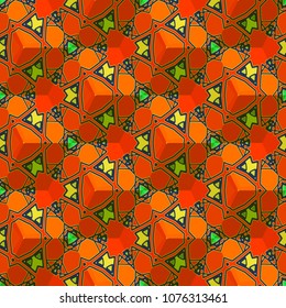 Isometric cube with a surface covered with geometric ornaments. Completely seamless, colorful cube pattern background. Optical illusion. Ornament with three-dimensional effect.