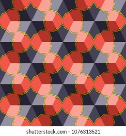 Isometric cube with a surface covered with geometric ornaments. Completely seamless, colorful cube pattern background. Optical illusion. Ornament with three-dimensional effect.