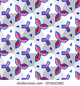 Isometric cube with a surface covered with geometric ornaments. Completely seamless, colorful cube pattern background. Optical illusion. Ornament with three-dimensional effect.