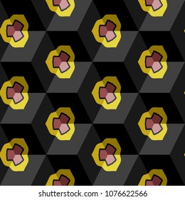 Isometric cube with a surface covered with geometric ornaments. Completely seamless, colorful cube pattern background. Optical illusion. Ornament with three-dimensional effect.