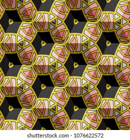 Isometric cube with a surface covered with geometric ornaments. Completely seamless, colorful cube pattern background. Optical illusion. Ornament with three-dimensional effect.