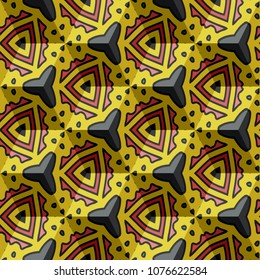 Isometric cube with a surface covered with geometric ornaments. Completely seamless, colorful cube pattern background. Optical illusion. Ornament with three-dimensional effect.